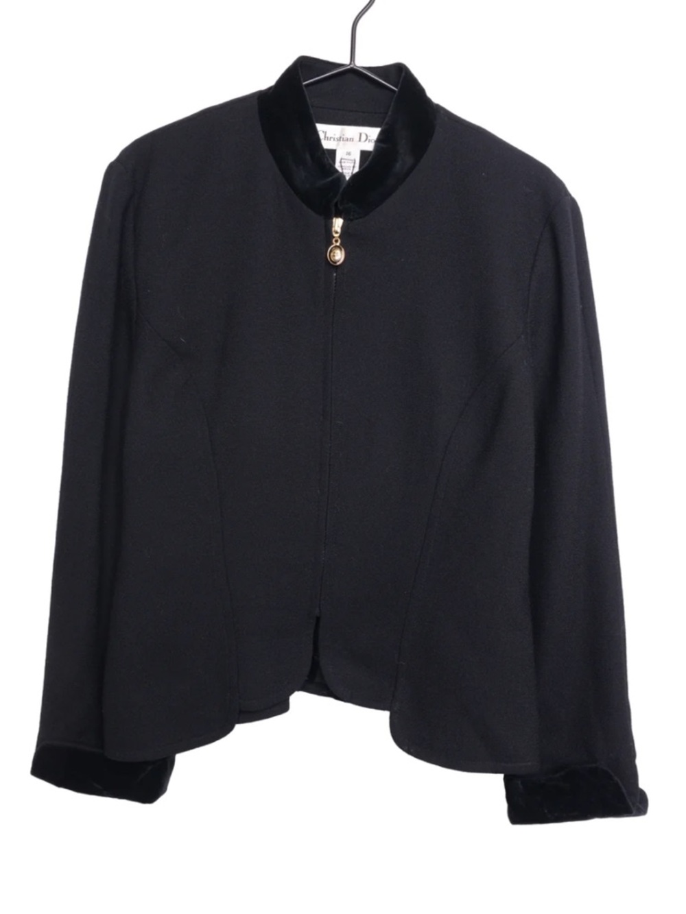 Vintage Christian Dior 1990s Velvet Collar and Cuffs Black Wool Jacket 14